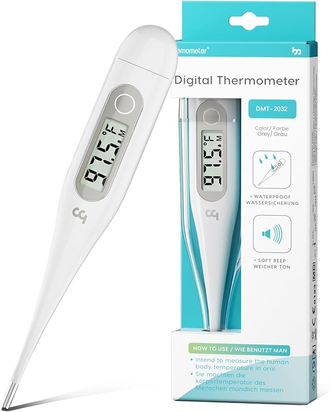 Femometer Digital Thermometer for Adults and Kids, Grey | Fever Alert, Memory Recall, C/F Switchable, Oral, Rectal or Under Arm Use