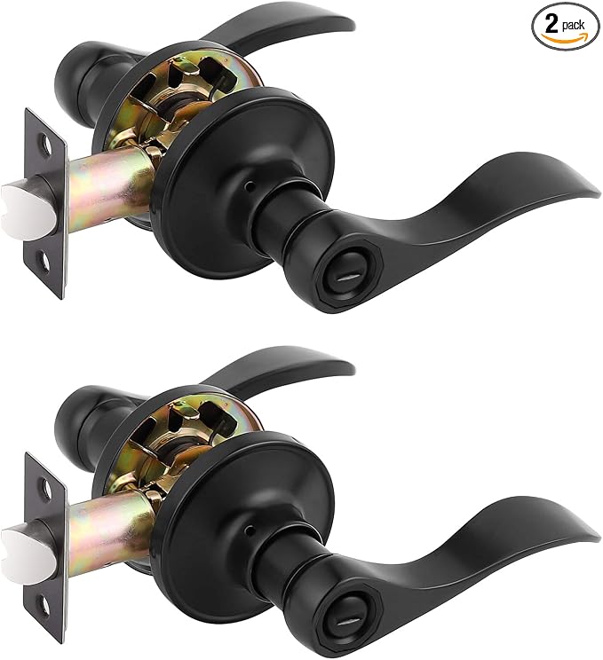Gobrico 2 Pack Matte Black Bed and Bath Door Levers, Privacy Interior Keyless Door Handles, Drop Style Knob for Left/Right-Handed Doors
