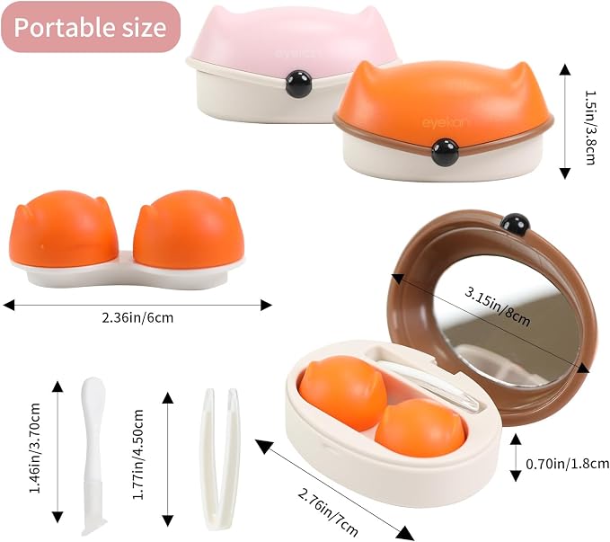 Contact Lens Case, 2 Pack Cute Fox Portable Eye Contacts Travel Box with Mirror Colored Lenses Applicator Remover Tool Kit Solution Bottle for Daily Makeup Office Outdoor (Pink+Orange)