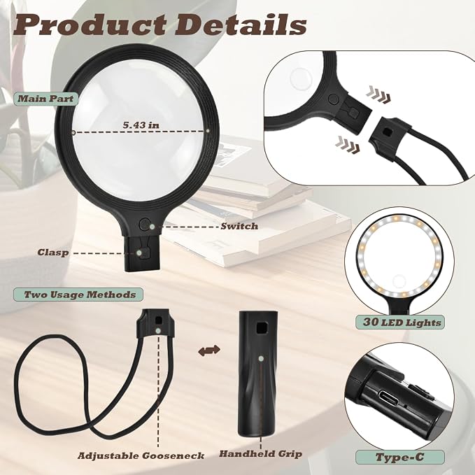 Hands Free Neck Wear Magnifying Glass with 30 LED Lights, Full Book Page 5X/10X Rechargeable Reading Magnifier Flexible Gooseneck Magnifiers for Seniors, Low Vision, Sewing, Crafts & Close Work
