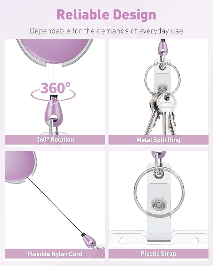 Uniclife 2 Pcs Retractable Badge Reel Keychain Clip Light Purple | Heavy Duty, Badge Holder Clip for Keys and ID Card, Key Chain Extender Aluminum Alloy Carabiner, with Carabiner Belt Clip