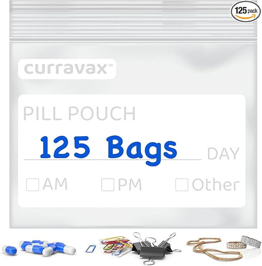 Pill Pouch Bags for Travel Pack of 125- BPA Free 3 x 2.75 inch Pill Pouch - Pill Pouches for Medicine with Write on Label –Clear Ziplock Pill Baggies for Medicine Organizer