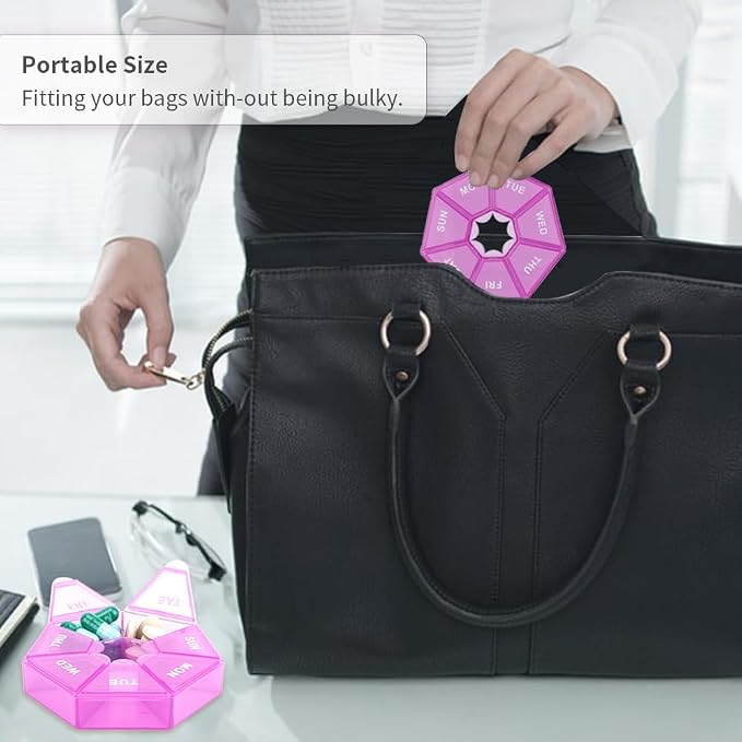 Pill Organizer, 2 Pack Pill Box, Small Medicine Organizer 1 Time a Day, Weekly Case, Pills Container, Pills Holder, Daily Medicine Organizers Travel 7 Day(Purple)