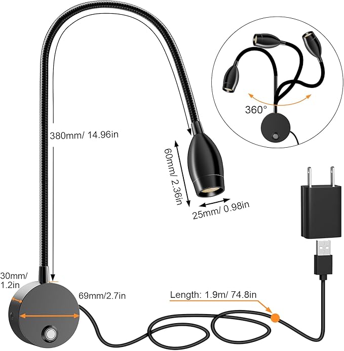 ERAY LED Wall Mounted Reading Light, Bedside Reading Lights for Bed with Touch Control, 3 Dimmable, 360°Flexible Gooseneck Headboard Book Reading Lamp Wall Sconce, 3000k-6000k-1 Pack