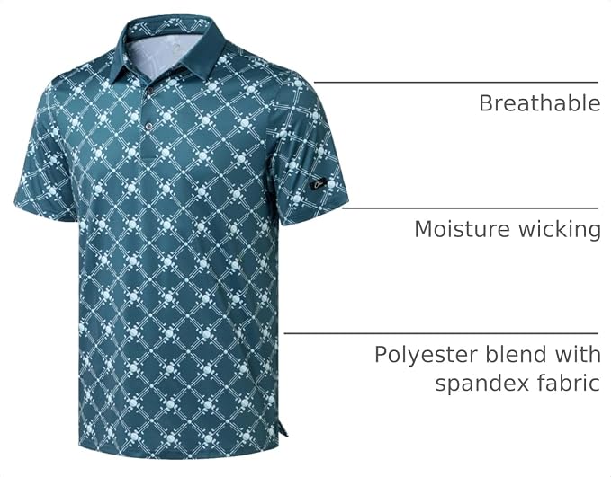 Obla Mens Golf Polo Shirts Short Sleeve Dry Fit Performance Moisture Wicking Casual Print Collared Golf Shirts for Men