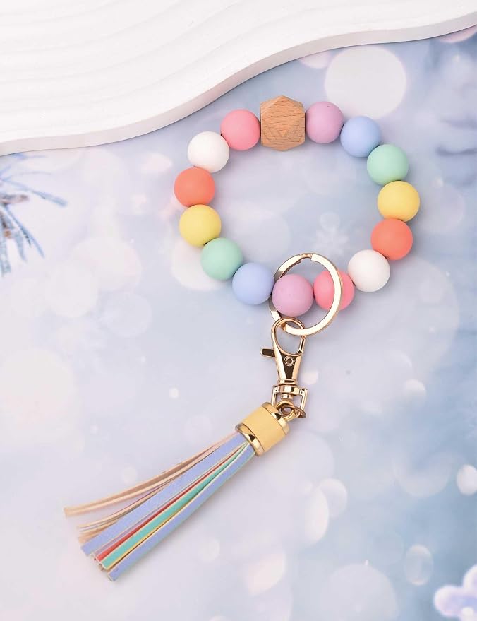 BAOSIWA Silicone Beaded Bracelet Keychain Wristlet Key Ring Bangle Chains for Women with Leather Tassel