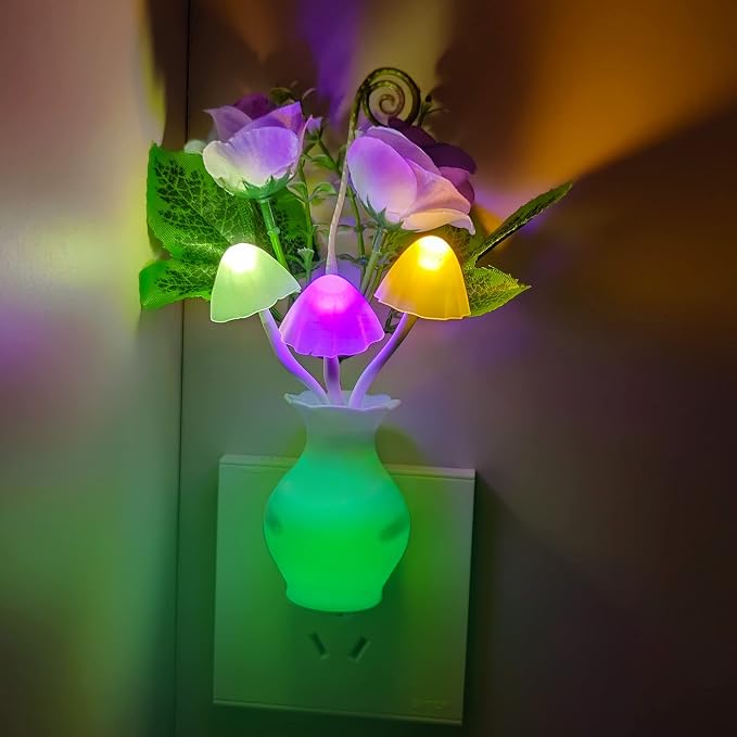 AUSAYE 3Pack Sensor Night Lights Plug into Wall Rose Flower Light, Led Lamp Dream Nightlight Mushroom Night Lights for Kids Adults Room,Bathroom,Kitchen,Hallway