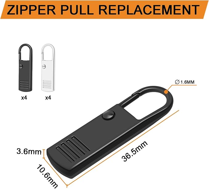 CooBigo 8 Pack Metal Zipper Pulls, Detachable Zipper Slider Replacement for Luggage Backpack, Black + Silver
