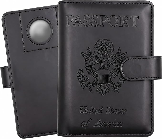 Passport Holder with Air-Tag Slot RFID Blocking Leather Travel Wallet | Multiple Card Compartments, SIM Card Access, Compact Carry Design, Flight Ready Essentials for Men & Women, Black