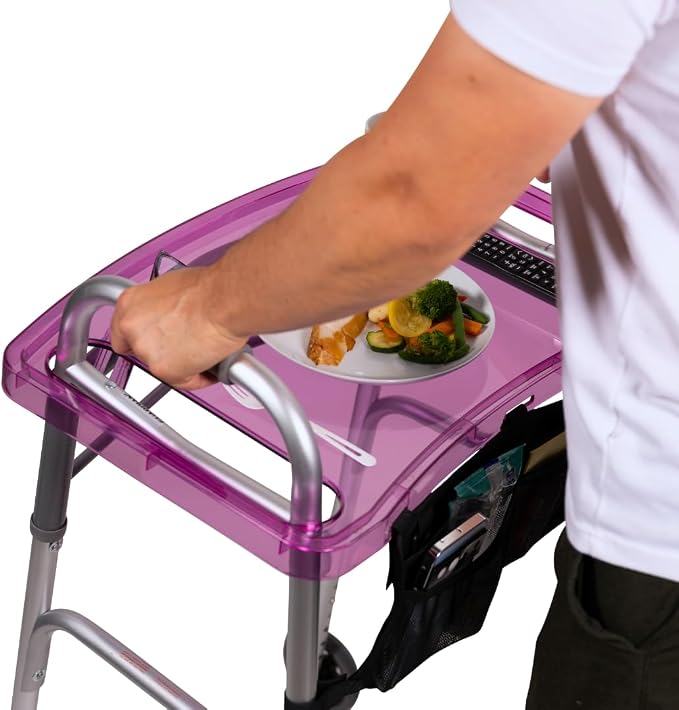 StrongArm Clear View Walker Tray + Bag + Non-Slip Mat & Cup Holder, Tray for Folding Walkers, Food Tray, Walker Accessories, Tray Table for Standard Adult Walkers (Purple)
