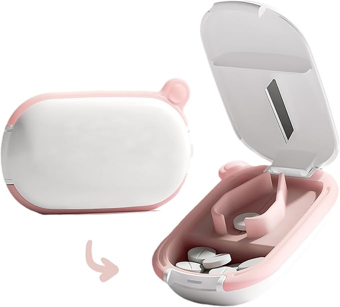 MURRI&MURRDI Small Pill Cutter and Organizer for Small or Large Pills, Portable Medicine Cutter for Pocket Purse, Pill Holder Cutter for Vitamins, Tablets, Medications, Pink