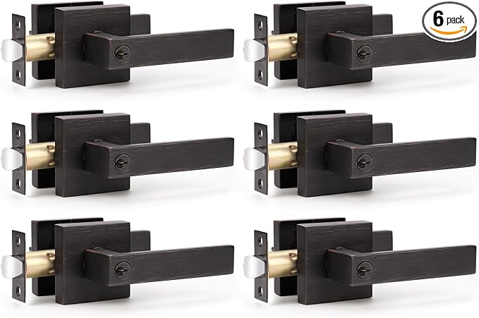 KNOBWELL 6 Pack Heavy Duty Bronze Interior Door Handles Keyed Entry Lockset, Oil Rubbed Bronze Keyed Entry Door Levers(Not Keyed Alike), Modern Doorknob 2.13 lb One Lever