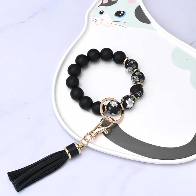 BAOSIWA Silicone Beaded Bracelet Keychain Wristlet Key Ring Bangle Chains for Women with Leather Tassel