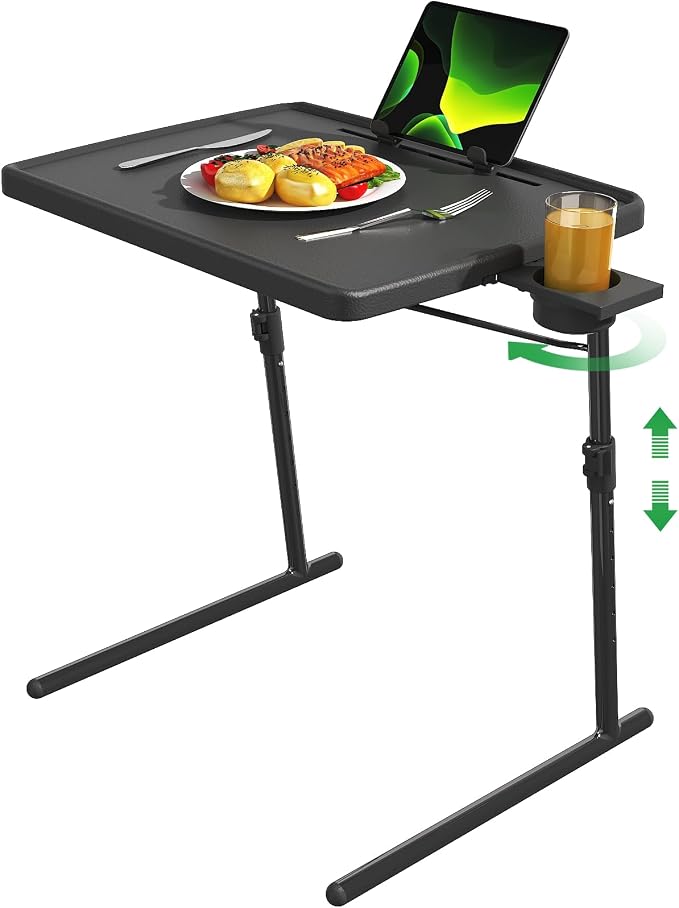TV Tray Table with Cup Holder, Max Folding TV Dinner Tray w/6 Height & 3 Tilt Angle, Adjustable TV Trays for Eating on Couch, Large Foldable Laptop Table, Black, 16.9 x 22 x 29.1inch, 110lbs