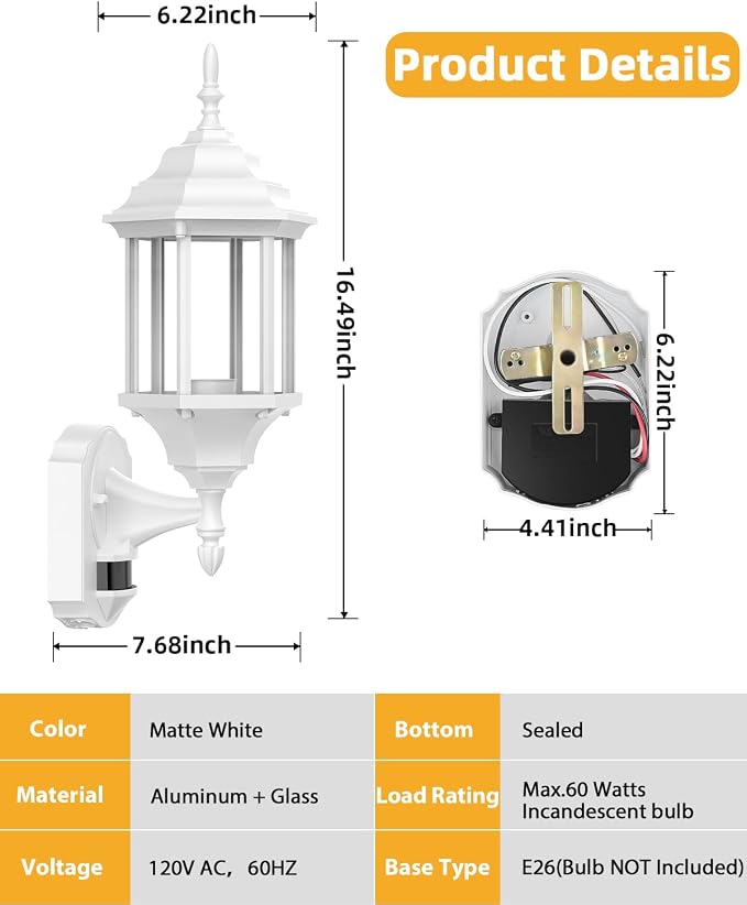 Redluck Motion Sensor Outdoor Wall Light Fixtures, 2 Pack Outdoor Wall Lamp | Dusk to Dawn, Anti-Rust, Waterproof Aluminum Frame, Tempered Glass & Classic Exterior Porch Lights for House Garage, White