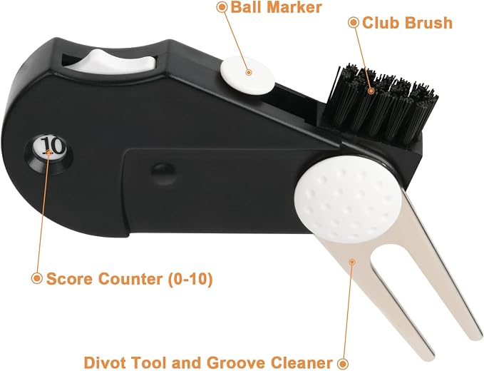 Cosmos 2 Pack Golf Multi-Tool Foldable 5 in 1 Golf Tool with Divot Tool, Stroke Score Counter, Ball Marker, Golf Club Brush and Groove Cleaner, Portable Golf Accessories Tool with Clip