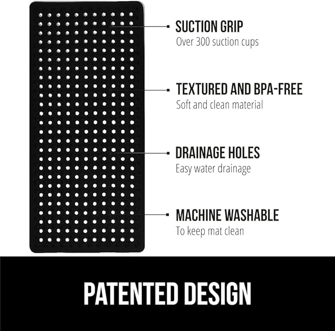 GORILLA GRIP Patented Bath Tub Shower Mat, Machine Washable Bathtub Floor Liner Mats, Suction Cups and Drain Holes to Keep Tubs Clean, Soft on Feet, Bathroom Essentials, 35x16 Inch, Black
