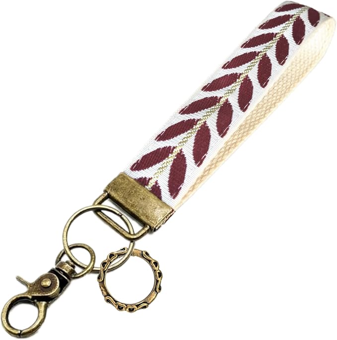 Boho Vintage Embroidered Floral plant Wristlet Keychain for Women | Cute Lanyard&Antique Brass Clasp, Lightweight Hands-Free Key Holder for keys,purses,handbags and daily outdoor use for ladies