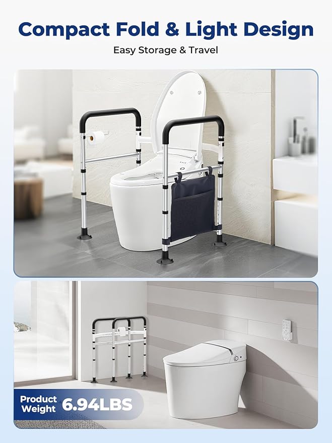 Toilet Safety Rails, Height & Width Adjustable Detachable Toilet Safety Frame for Seniors, Elderly & Disabled, Foldable Handicap Toilet Rails with Handles Storage Bag, Tissue Holder (350LB)