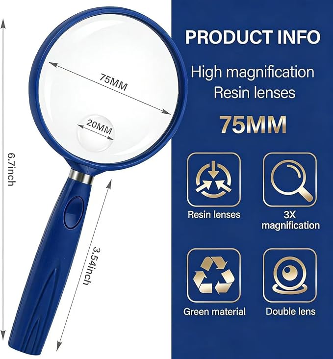 Feosky Handheld Reading Magnifier, 3X Magnifier, 75mm Shatterproof Lens, Non-Slip Handle for Adults Close Work, Seniors Reading and Nature Exploration, Hobby Observation (Blue)