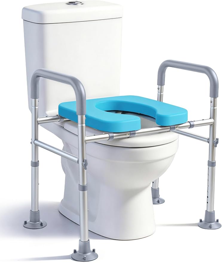 Adjustable Raised Toilet Seat with Handles for Seniors, Grey | 400lbs Capacity Elongated Toilet Seat Riser, Elevated Toilet Seat with Soft Cushion & Removable Armrests