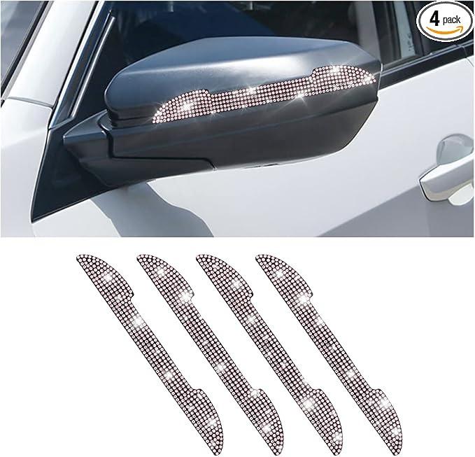 4PCS Bling Car Rear View Mirror Anti-Scratch Stickers Protector, Rhinestone Auto Door Handle Edge Guards, Crystal Anti-Collision Strip Decal, Car Decoration Accessories for Women Men (Pink) | 5.75x0.39 Inch, Universal fit, side panels/mirror edges, sta...