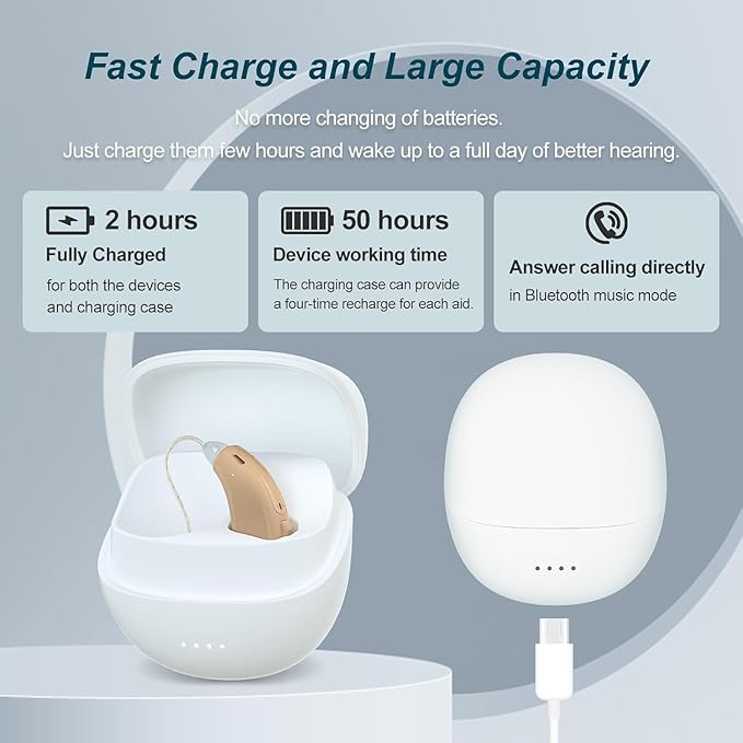 RIC Single Hearing Aid for Seniors,CUSTOM FIT Digital Over-The-Counter Rechargeable Tinnitus Masking Premium Hearing Aid Solution for Adults,Bluetooth Call Enabled,Auto-On, 1pc Left Side