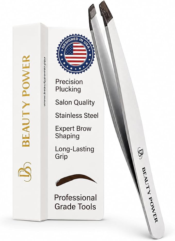 Beauty Power Slant Tip Precision Tweezers - Stainless Steel Eyebrow Tweezers for Women & Men - Precision Tweezers for Facial Hair, Ingrown Hair & Brow Shaping - Professional Beauty Tool (White)