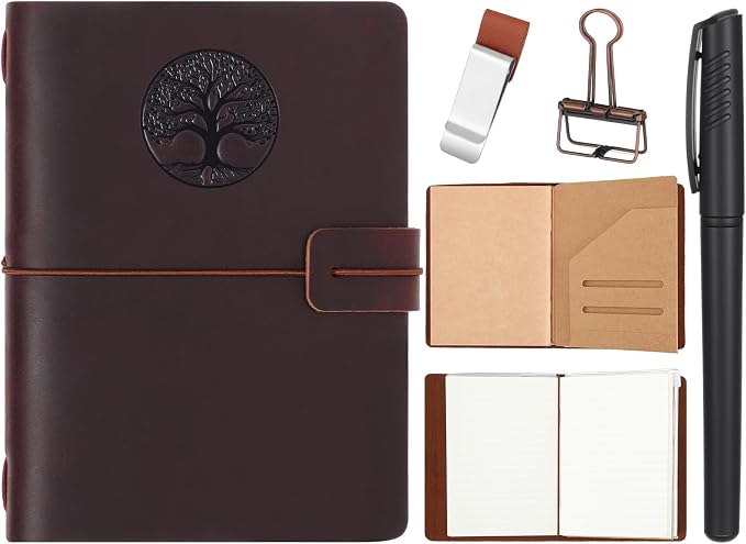 Thenshop Travel Tree of Life Notebook Passport Size Refillable Travelers Journal Leather Diary Book for Men and Women with 3 Notebook Inserts, Pen Holder, Binder Clip, Brown