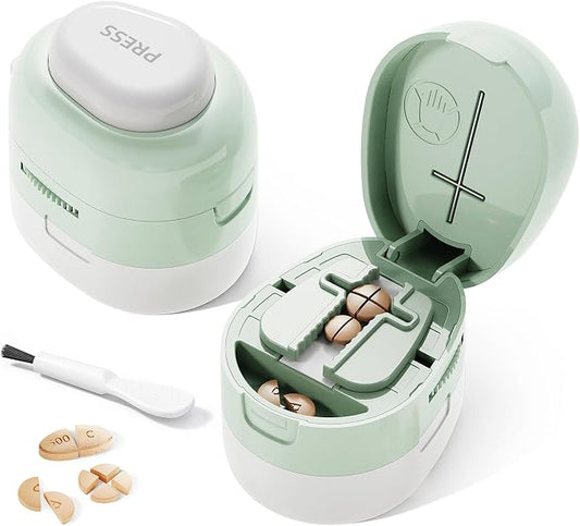 Adjustable Pill Cutter Splitter for Small and Tiny Pills, 1/2 1/4 Pill Splitter for Small Pills Vitamins Tablets, Accurate Alignment & Easy Cutting, Hidden Sharp Blade, Bottom Storage (Green)
