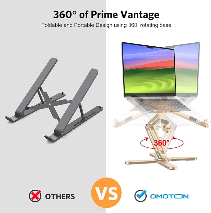 OMOTON LA10 360° Rotating Laptop Stand Riser Foldable for Desk, Gold | Aluminium Aolly, Adjustable Height Angles, Collaborative Work, Easy Storage, Fits Laptops up to 17", for MacBook Pro/Air HP