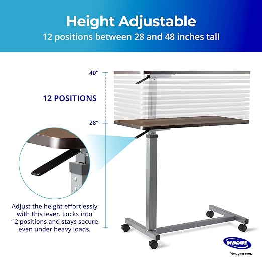Invacare Bed Table, Height Adjustable Overbed Table, Hospital Bedside Table, Medical Rolling Desk with Wheels, Waterproof Medical and Home Use L-Shaped Steel Base Over Bed Tray Table