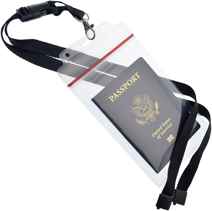 5 Pack - Passport & Vaccination Card Holder - Heavy Duty Waterproof Tear Resistant Sleeve with Zip Top & Premium Breakaway Lanyard - 4X6 Insert for Cruise, Travel, & Beach Vacation Documents (Black)