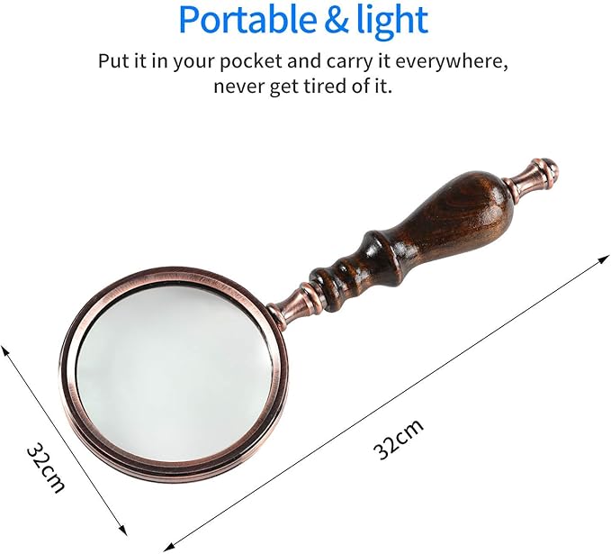 MSLAN Magnifying Glass,10X Antique Copper Handheld with Wooden Handle and Real Glass,Best Reading Magnifier for Elderly,Macular Degeneration