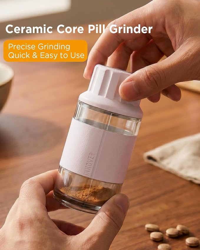 GAONLY Ceramic Core Small Pill Crusher Fine Powder –Manual Pill Grinder for Elderly & Pets, Free Twist-to-Grinder for Arthritic Hands, Crushes Meds/Vitamins to Fine Powder (Pink)