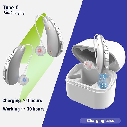 Hearing Aids, Rechargeable Hearing Aids for Seniors with UV Sterilization Case, 32-Channel Noise Cancelling, 100H Battery, 7 Volume Levels, Virtually Invisible RIC, One-Button Control Clear Sound, Comfort