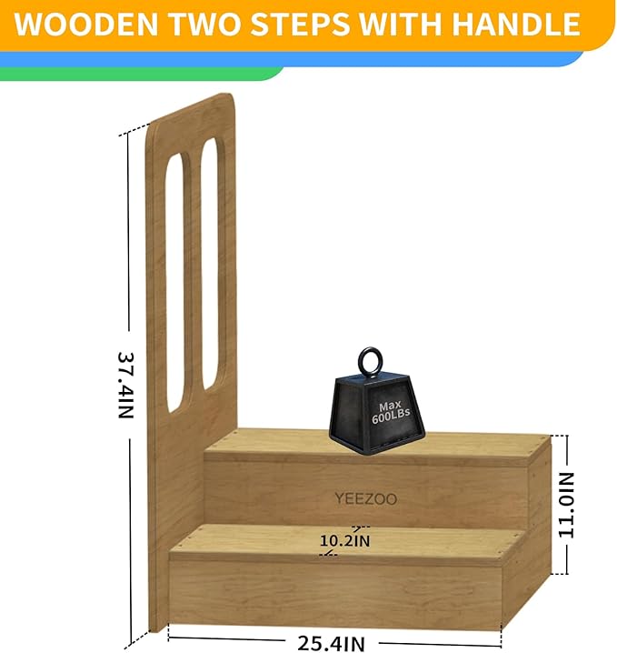 Wooden Two Steps with Handle, Large 2 Steps Stool for high Bed, Solid Wood 2 Steps to get in& Out of Bed Easily for Elderly(25.4" L*11.0" H)