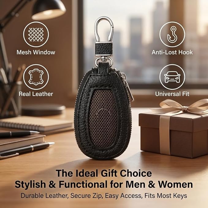 1PC Car Key Fob Case, Leather Car Key Holder for Purse, Automotive Smart Key fob Holder with Hook, for Remote Key Fob