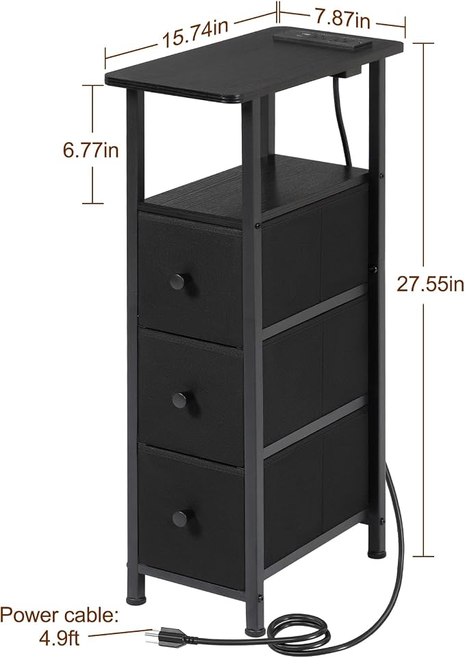 Narrow End Table with Charging Station, Small Nightstand | Skinny Side Tables Living Room with 3 Fabric Drawers, Bedside Table with LED Lights for Bedroom, Small Spaces, Black