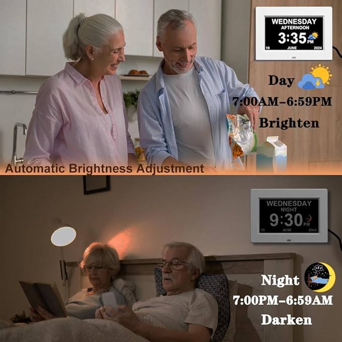 AINFTIME DST Digital Clock with Date and Day of Week for Elderly-12 Alarms Medication Reminder Dementia Alzheimers Clock Calendar with Extra Large Display No Power Adapter (7 inch White)