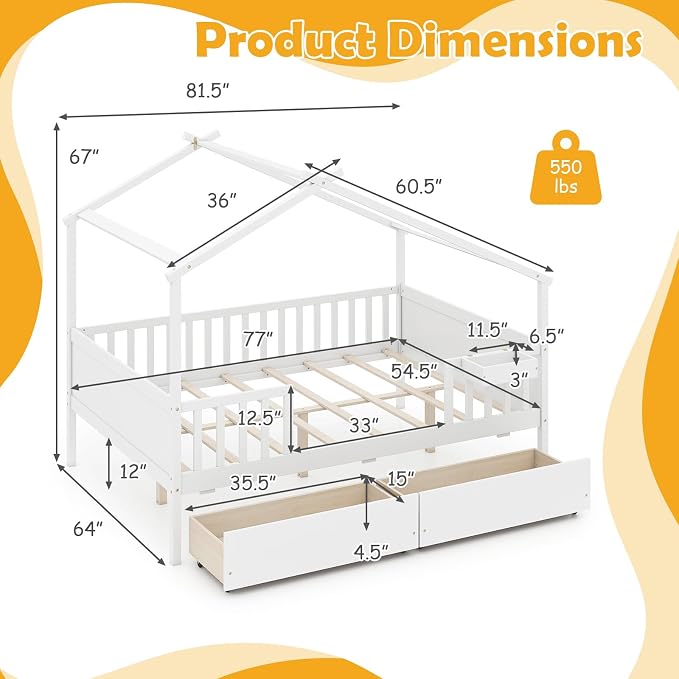 Giantex Full House Bed with Drawers, Wooden Full Size Bed Frame with Cube Storage & Fence Rails, Montessori Beds for Kids Boys Girls, Bedroom, Living Room, No Box Spring Needed, White
