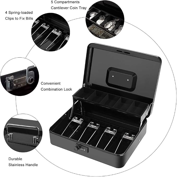 Cash Box with Money Tray and Combination Lock Metal Money Box for Cash Register Tiered Lock Box for Money 11.8" x 9.4" x 3.54" Black