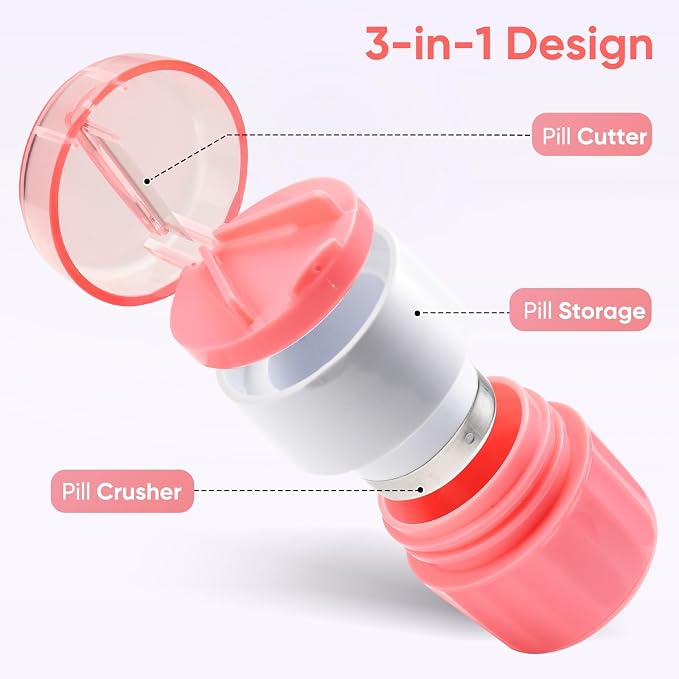 3-in-1 Pill Crusher and Pill Cutter, Pills Crusher Fine Powder with Stainless Steel Grinding Head, Pil Grinder with Storage for Tablets, Cutter Splitter for Small and Tiny Pills (Pink)