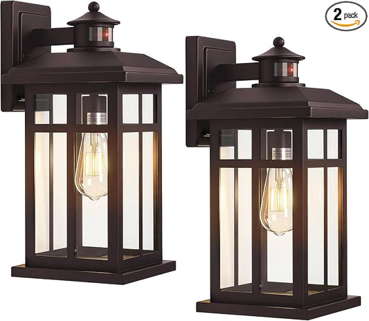 16” Motion Sensor Modern Exterior Light Bronze Outside Porch Lights | 2 Pack Dusk to Dawn Porch Lights with E26 Socket, Exterior Lighting Fixtures for House, Garage, Front Door, Brown