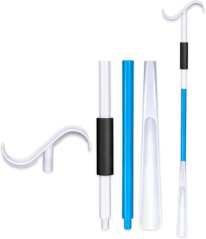 35" Long Shoe Horn for Seniors, 2-in-1 Dressing Stick with S-Hook for Elderly, Pregnant Women, Hip/Knee Surgery, Helps Put on Clothes & Shoes Without Straining (Blue)
