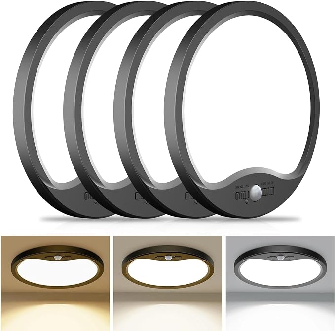 hepside 4 Pack Motion Sensor Ceiling Light Wired, 3000K/4000K/6500K LED Flush Mount Ceiling Light Fixture, 8.7Inch 18W Motion Sensor Light with Timer for Closet Stair Porch Hallway Pantry,Black