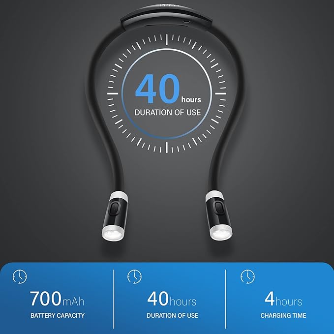 Vekkia Rechargeable LED Neck Reading Light, Book Lights for Reading in Bed, 3 Brightness Levels, Flexible Soft Silicone Arms Comfortable Wear, Long Lasting. Great for Readers, Craft & Knitting,Black