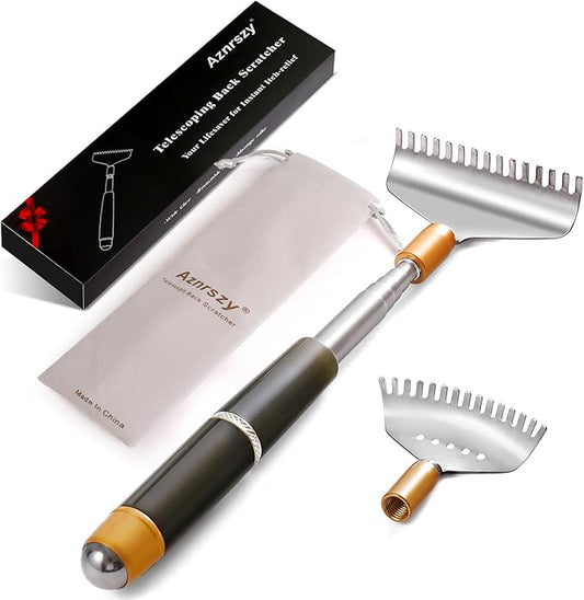 Back Scratcher with 2Pcs Replaceable Heads, Head Body Hand Scratcher Massager with Stainless Steel Wide Claws/Anti-Slip Handle/Massage Roller