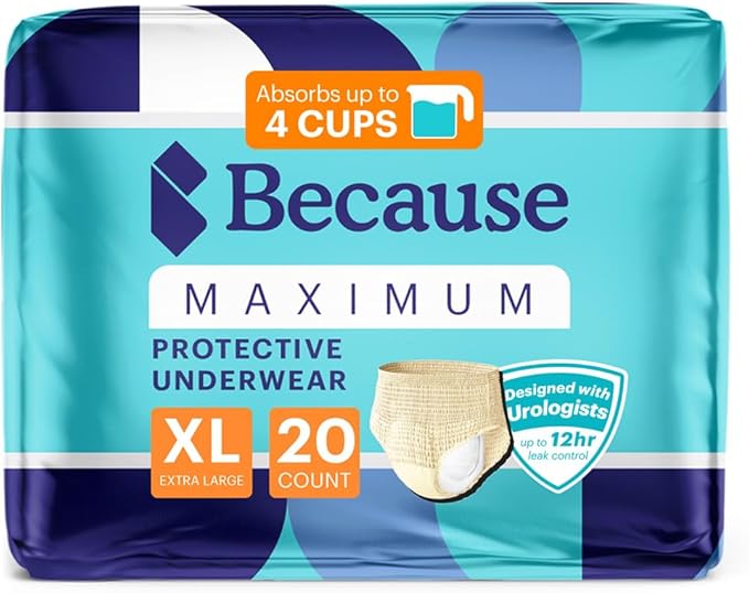 Because Discreet Maximum Adult Incontinence & Postpartum Underwear for Women, High Absorbency, Disposable, Absorbs Up to 4 Cups, Beige, X-Large, 20