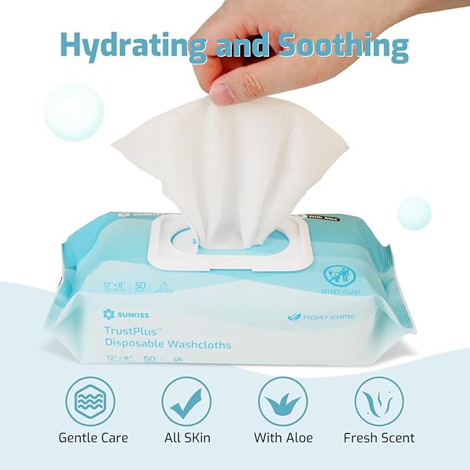 SUNKISS Trustplus Wet Wipes for Adult No Rinse, Extra Large 8”x12” Body Cleaning Washcloths for Elderly Incontinence & Cleansing, Fresh Scented, 200 Count (4 Packs of 50)